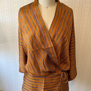 Hayden Los Angeles silky orange and blue striped wrap shirt. Size M